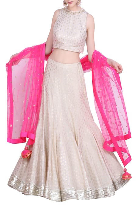 Nikasha White Crepe Silk Foil Print, Lehenga With Sleeveless Blouse And Net Pink Dupatta