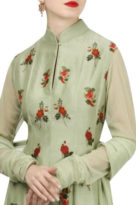 Rohit Bal Green Chanderi Printed Floral High Collar Pleated Digital Anarkali Set Online at Aza Fashions Rohit Bal_Green Chanderi Printed Floral High Collar Pleated Digital Anarkali Set_Online_at_Aza_Fashions