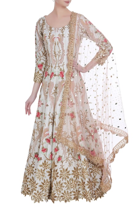 Neha Mehta Couture White Hand Embroidered Zardozi Anarkali With Lehenga Set