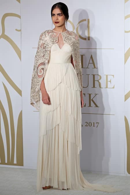 Varun Bahl White Silk Gown With Cape