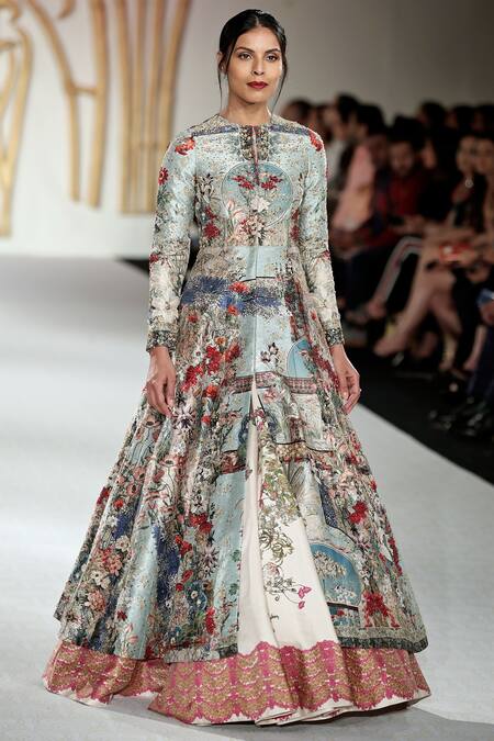 Shop_Varun Bahl_Green Printed Jacket Lehenga Set_at_Aza_Fashions