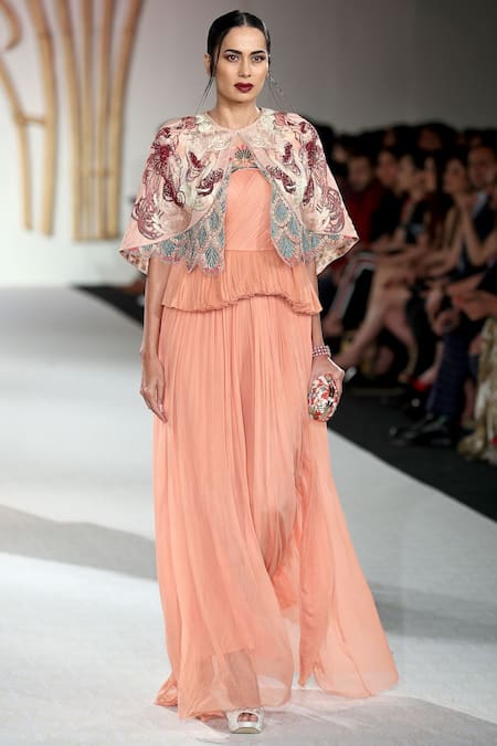 Varun Bahl Peach Layered Pleated Gown With Short Jacket For Women