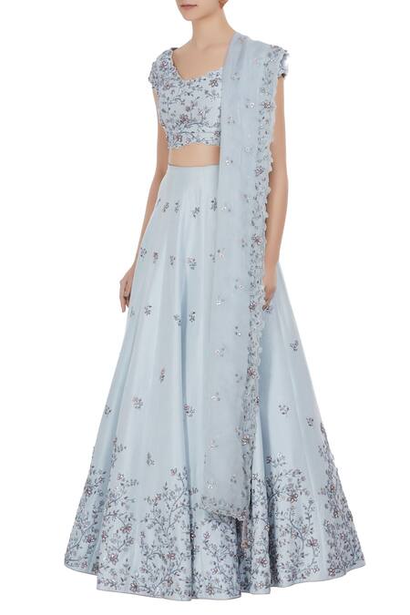 Buy_Pooja Peshoria_Blue Habutai Silk Embroidered Sequin Round Hand Bridal Lehenga Set _Online_at_Aza_Fashions
