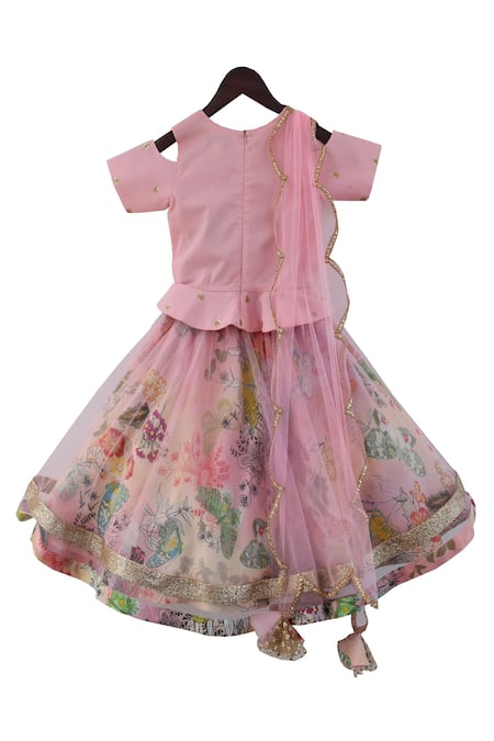 Shop Fayon Kids Pink Cotton, Net Sequins Embroidered Blouse Printed Lehenga Dupatta at Aza Fashions Shop_Fayon Kids_Pink Cotton, Net Sequins Embroidered Blouse Printed Lehenga Dupatta _at_Aza_Fashions