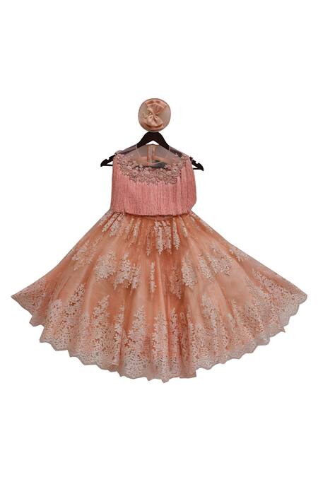 FAYON KIDS Peach Tassel Crop Top With Embroidered Lehenga 