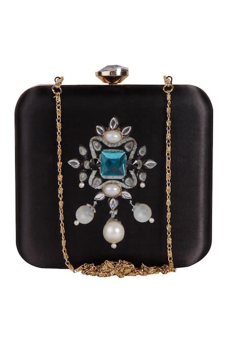 Puneet Gupta Black Gold Zardozi Embroidered Box Clutch