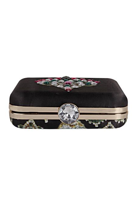 Puneet Gupta_Black Jewel Stones Zardozi Hand Embroidered Pearl Clutch _Online_at_Aza_Fashions