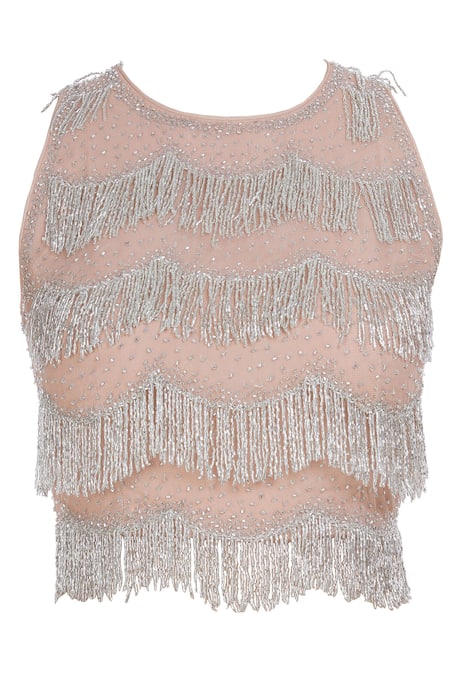 Shop_Malasa_Pink Georgette Embroidery Fringes Round Scallop Border Saree With Tassel Blouse_Online_at_Aza_Fashions