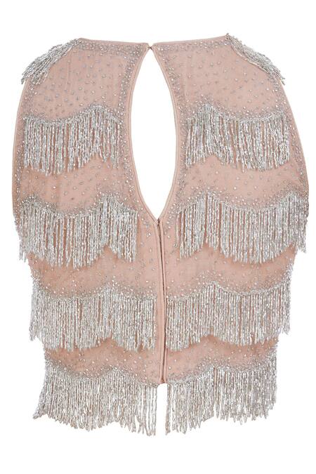 Malasa_Pink Georgette Embroidery Fringes Round Scallop Border Saree With Tassel Blouse_at_Aza_Fashions