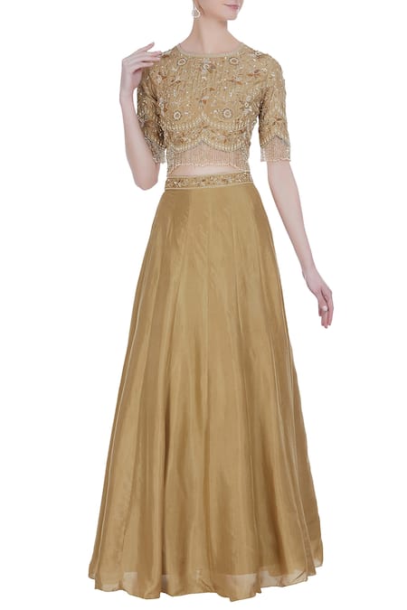 Malasa Gold Georgette Embroidery Pearls Raw Silk And Hand Sequin Lehenga With Blouse