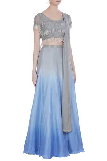 Malasa_Blue Net Embroidery Cut Dana U Ombre Lehenga With Tassel Blouse And Dupatta_Online_at_Aza_Fashions