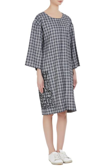 Two Point Two Grey Checkered Print Oversized Dress Online at Aza Fashions Two Point Two_Grey Checkered Print Oversized Dress_Online_at_Aza_Fashions