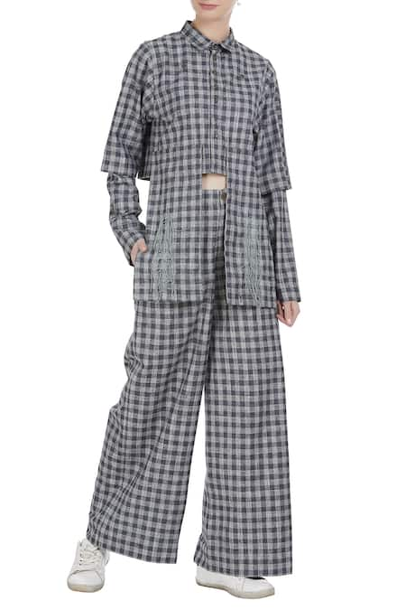 Two Point Two Grey Checkered Pattern Retro Flared Pants