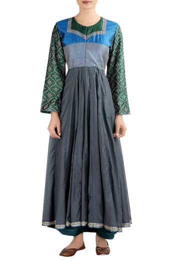 LATHA PUTTANNA_Blue Chanderi Thread Work Round Neck Embroidered Anarkali Set _Online_at_Aza_Fashions