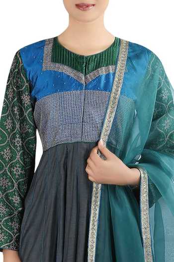 Buy_LATHA PUTTANNA_Blue Chanderi Thread Work Round Neck Embroidered Anarkali Set _Online_at_Aza_Fashions