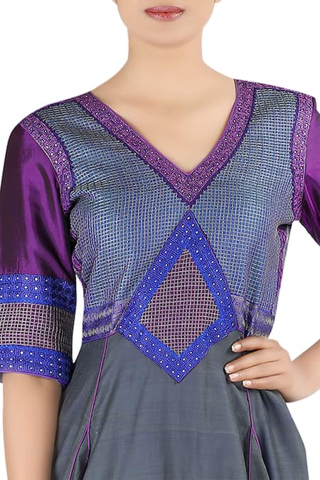 Buy_Latha Puttanna_Grey Silk Thread Work V Neck Embroidered Chanderi Anarkali Set _Online_at_Aza_Fashions