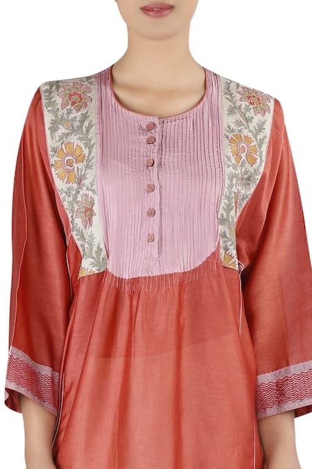 Buy_Latha Puttanna_Orange Chanderi Thread Work Round Neck Asymmetric Tunic With Pant _Online_at_Aza_Fashions