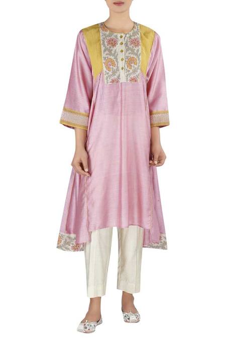 LATHA PUTTANNA_Pink Chanderi Asymmetric Tunic With Pant_Online_at_Aza_Fashions