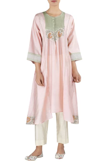 Latha Puttanna_Pink Chanderi Thread Work Round Neck Asymmetric Tunic With Pant _Online_at_Aza_Fashions
