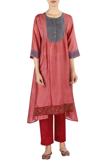 Latha Puttanna_Pink Chanderi Thread Work Round Neck Flared Tunic With Pant _Online_at_Aza_Fashions