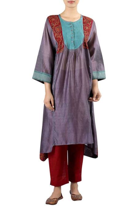 Latha Puttanna_Purple Chanderi Thread Work Round Neck Kurta Set _Online_at_Aza_Fashions