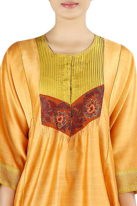 Buy_Latha Puttanna_Yellow Chanderi Embroidered Thread Work Round Neck Anarkali Set  _Online_at_Aza_Fashions