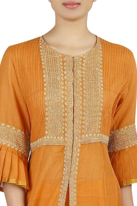 Latha Puttanna_Orange Chanderi Zari Work Round Neck Kurta Set _Online_at_Aza_Fashions