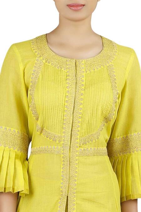 Latha Puttanna_Yellow Chanderi Zari Work Round Neck Ruffle Sleeves Kurta With Pant _Online_at_Aza_Fashions