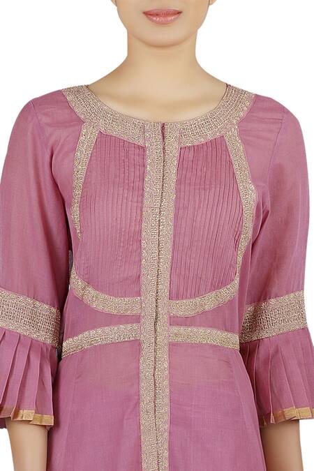 Latha Puttanna_Pink Chanderi Lace Work Round Neck Back Cutout Kurta Set _Online_at_Aza_Fashions