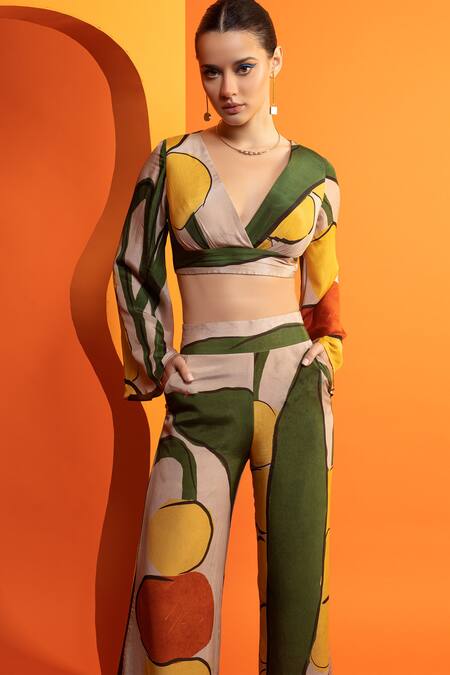 Shop Nautanky Beige Crepe V-neck Abstract Geometric Print Bustier And Pant Set Online at Aza Fashions Shop_Nautanky_Beige Crepe V-neck Abstract Geometric Print Bustier And Pant Set _Online_at_Aza_Fashions