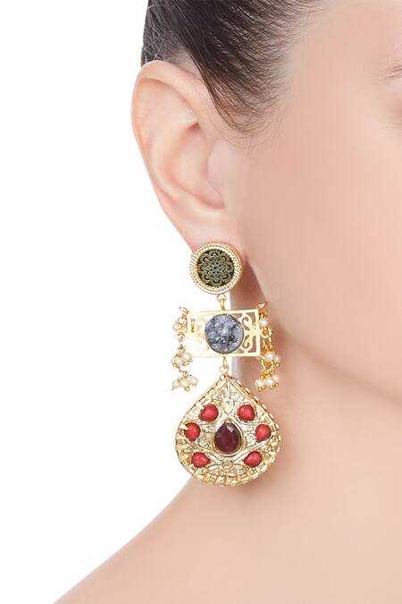 Shop_Moh-Maya By Disha Khatri_Multi Color Pearl And Multicolored Long Dangling Earrings_at_Aza_Fashions