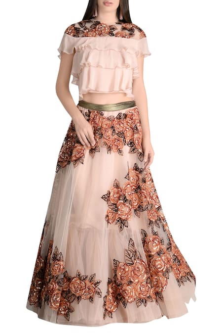 Not So Serious By Pallavi Mohan Pink Floral Sequin Lehenga With Tiered Blouse