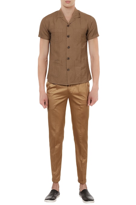 Lacquer Embassy Brown Linen Plain Cuban Collar Shirt 