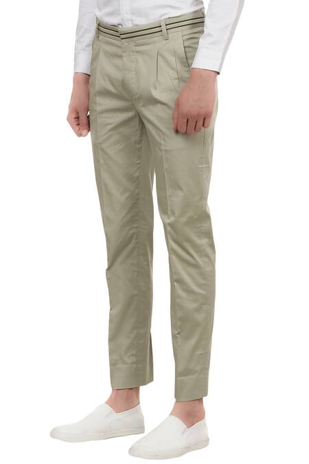Buy_Lacquer Embassy_Green Pleated Casual Trousers With Pockets _Online_at_Aza_Fashions