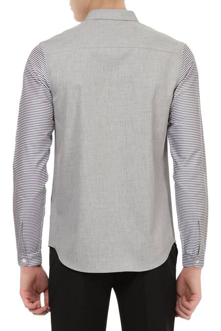 Shop_Lacquer Embassy_Grey Pure Cotton Stripe Pattern Shirt With Sleeves _at_Aza_Fashions