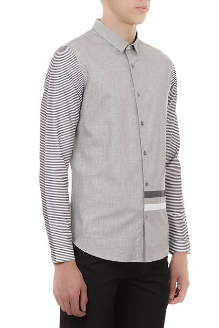 Lacquer Embassy_Grey Pure Cotton Stripe Pattern Shirt With Sleeves _Online_at_Aza_Fashions