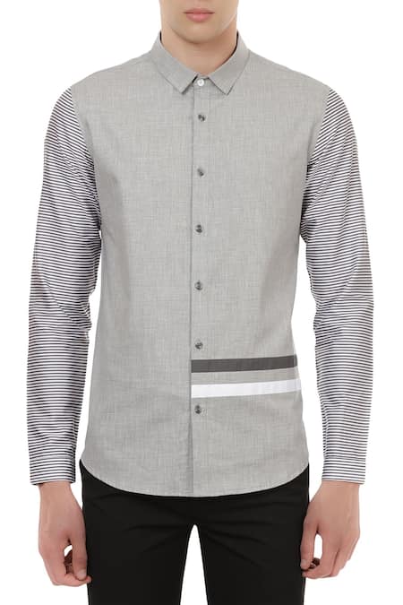 Shop_Lacquer Embassy_Grey Pure Cotton Stripe Pattern Shirt With Sleeves _Online_at_Aza_Fashions