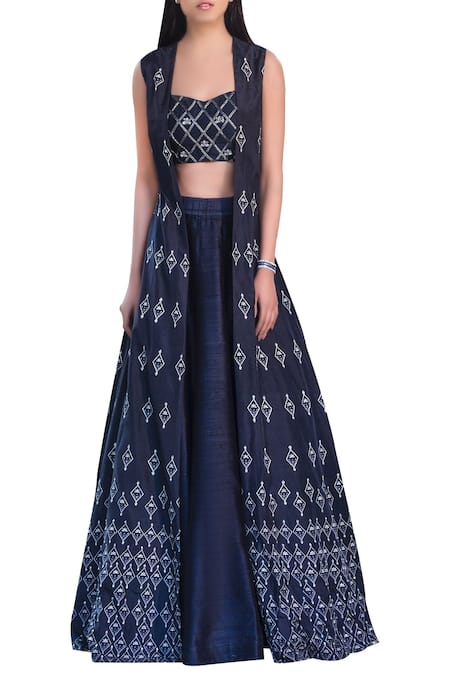 Sana Barreja Blue Raw Silk Sequin Work Jacket Open, Top Embellished Lehenga Set