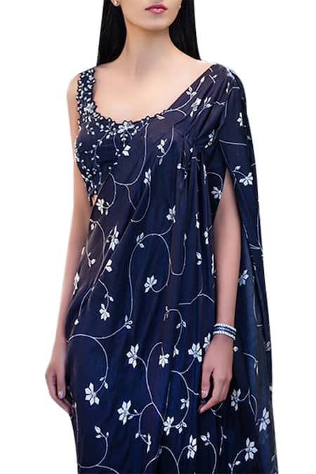 Shop Sana Barreja Blue Silk Floral Draped Style Concept Saree With Pants And Embroidered Blouse at Aza Fashions Shop_Sana Barreja_Blue Silk Floral Draped Style Concept Saree With Pants And Embroidered Blouse _at_Aza_Fashions