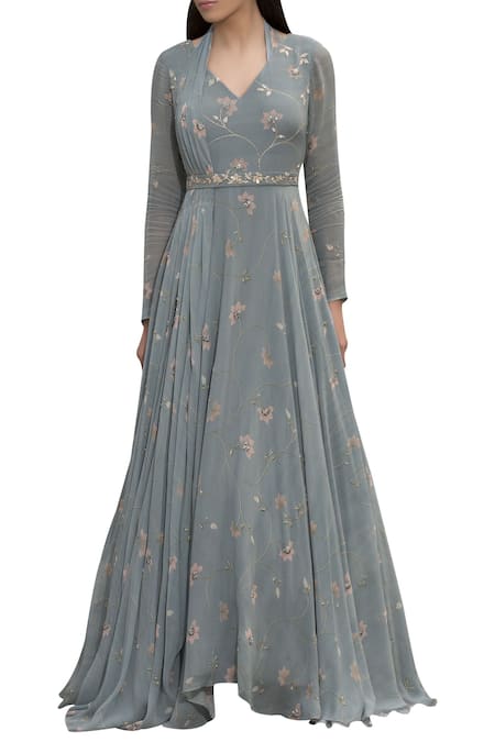 Sana Barreja Blue Georgette Printed And Anarkali With Belt & Attached Dupatta  