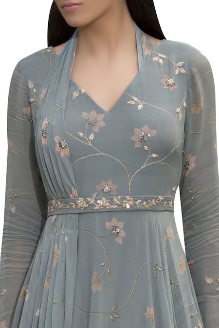 Shop Sana Barreja Blue Georgette Floral Print, Anarkali With Embroidered Belt And Attached Dupatta at Aza Fashions Shop_Sana Barreja_Blue Georgette Floral Print, Anarkali With Embroidered Belt And Attached Dupatta _at_Aza_Fashions