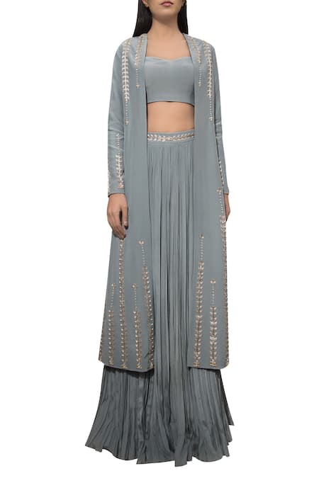 Sana Barreja Blue Georgette, Crepe Silk Cut Dana Work Bustier With And Ruched Pants