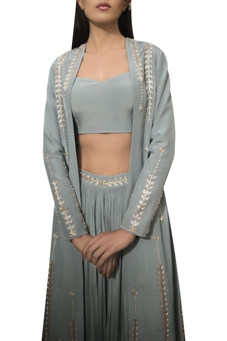 Shop Sana Barreja Blue Georgette, Crepe Silk Cut Dana Work Bustier With And Ruched Pants at Aza Fashions Shop_Sana Barreja_Blue Georgette, Crepe Silk Cut Dana Work Bustier With And Ruched Pants _at_Aza_Fashions