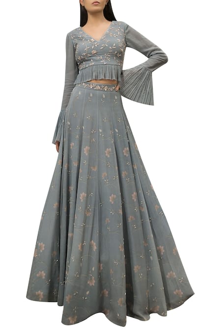 Sana Barreja Blue Georgette Floral Print, Zari And Sequin Hand Embroidered Blouse With Lehenga