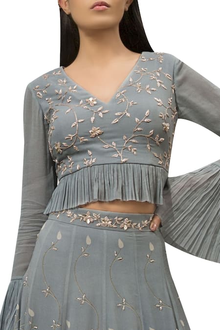 Shop Sana Barreja Blue Georgette Floral Print, Zari And Sequin Hand Embroidered Blouse With Lehenga at Aza Fashions Shop_Sana Barreja_Blue Georgette Floral Print, Zari And Sequin Hand Embroidered Blouse With Lehenga _at_Aza_Fashions