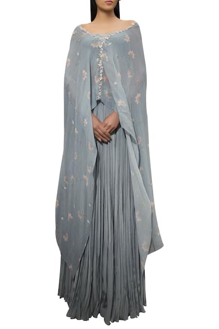 Sana Barreja Blue Georgette Floral Print, Zari And Sequin Embroidered & Off-shoulder Cape Set