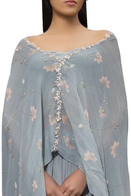 Shop Sana Barreja Blue Georgette Floral Print, Zari And Sequin Embroidered & Off-shoulder Cape Set at Aza Fashions Shop_Sana Barreja_Blue Georgette Floral Print, Zari And Sequin Embroidered & Off-shoulder Cape Set _at_Aza_Fashions