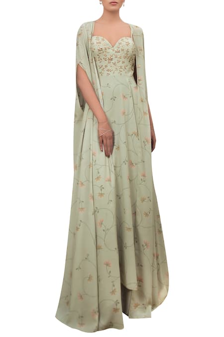 Sana Barreja Floral Print Gown with Cape 