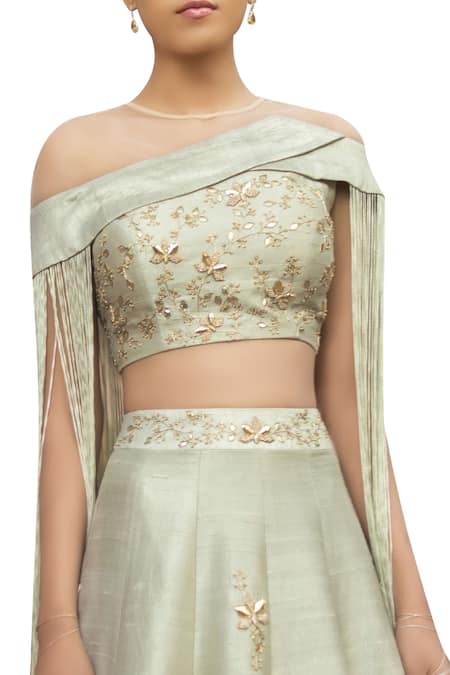 Shop Sana Barreja Green Raw Silk Zari And Sequin Work Round Embroidered Lehenga With Tassel Blouse at Aza Fashions Shop_Sana Barreja_Green Raw Silk Zari And Sequin Work Round Embroidered Lehenga With Tassel Blouse _at_Aza_Fashions