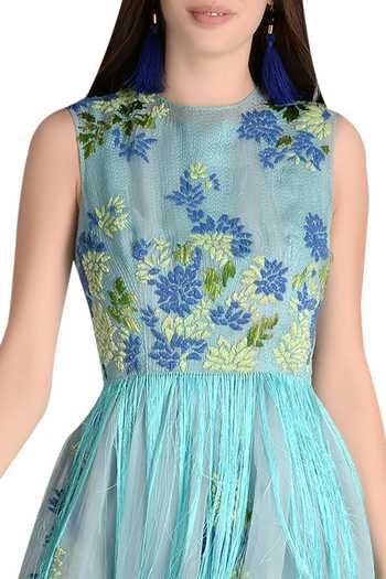 Not So Serious By Pallavi Mohan_Blue Organza Fringe Detail Maxi Dress With Long Trail_Online_at_Aza_Fashions